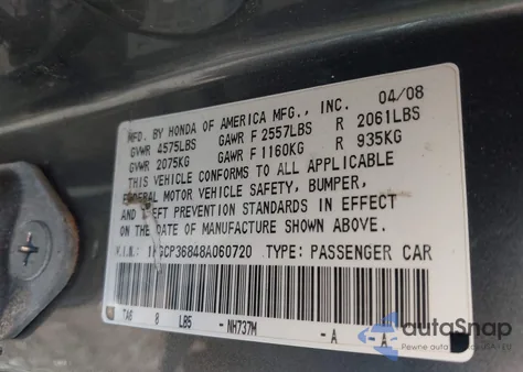 2008 Honda Accord 3.5 Ex-L из США, поврежденный, VIN 1HGCP36848A060720